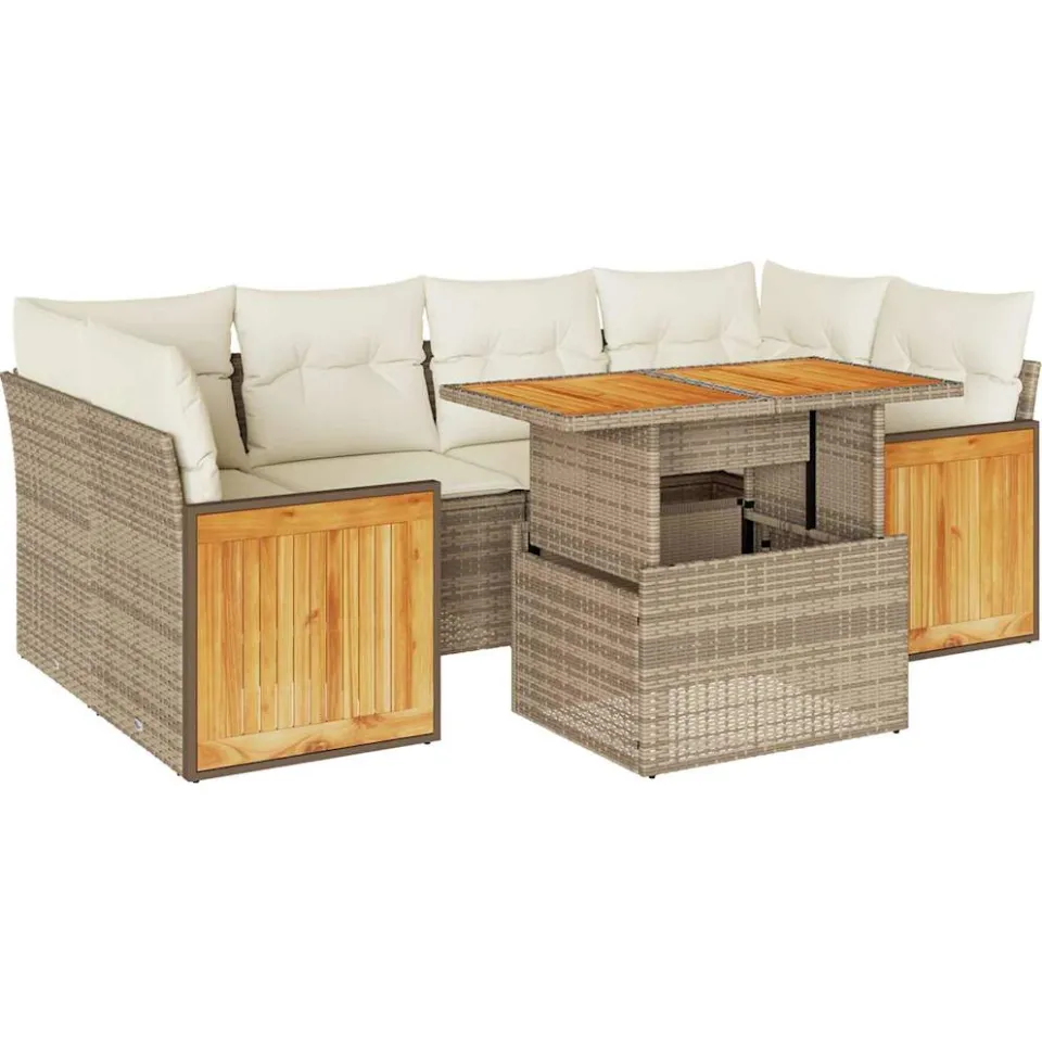 vidaXL 7-delige Loungeset met kussens poly rattan acacia beige, foto 3