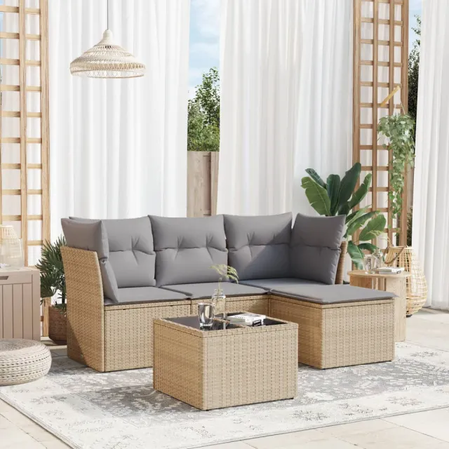 vidaXL 5-delige Loungeset met kussens poly rattan beige, foto 2