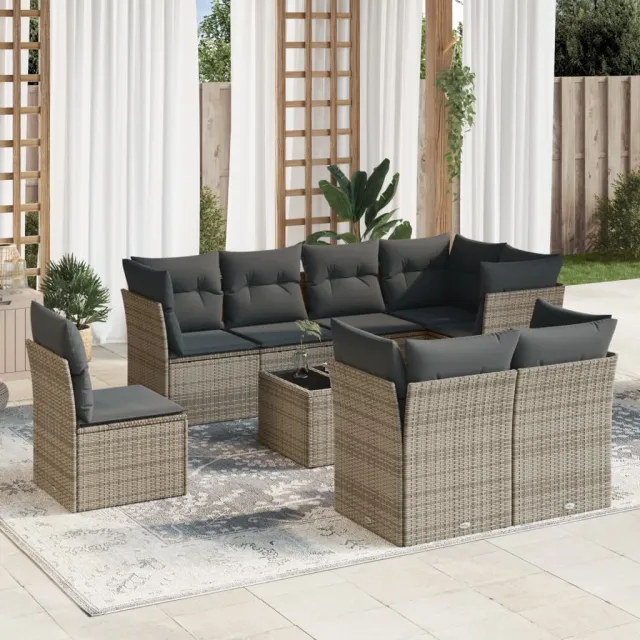 vidaXL 9-delige Loungeset met kussens poly rattan grijs, foto 2