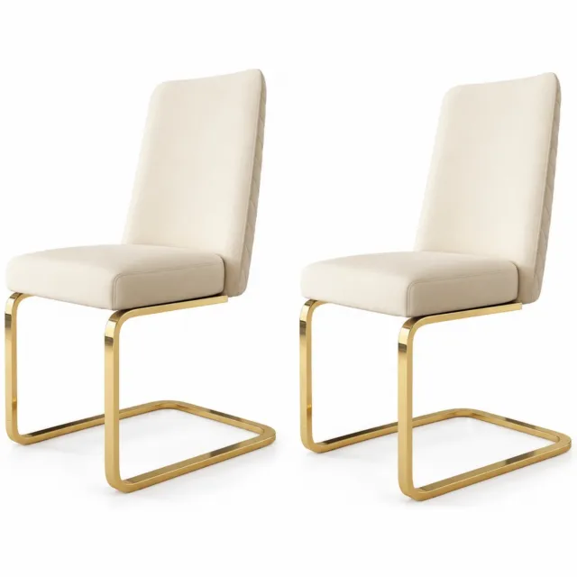 City long dragon LONG DRAGON - Velvet eetkamerstoelen - Set van 2 - Ruitpatroon op rugleuning - Goudkleurige metalen poten - Voor woonkamer en slaapkamer - Beige / Goud
