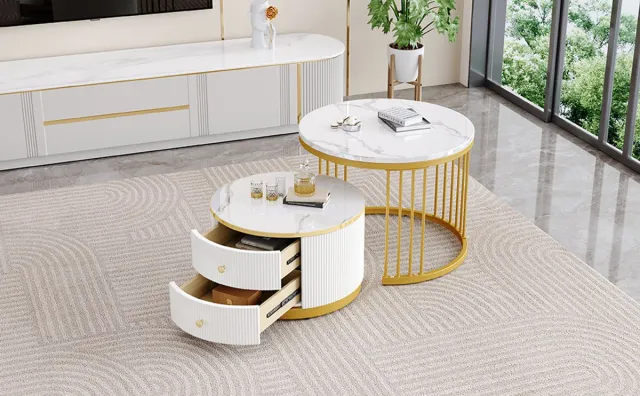 OKWISH Salontafels - Koffietafel Rond Met Laden En Opbergruimte - Stijlvolle Salontafel Voor Woonkamer En Slaapkamer - MDF En Kunststof - Goud - Vorm Rond - 60x60x45,5 + 50x50x32 cm