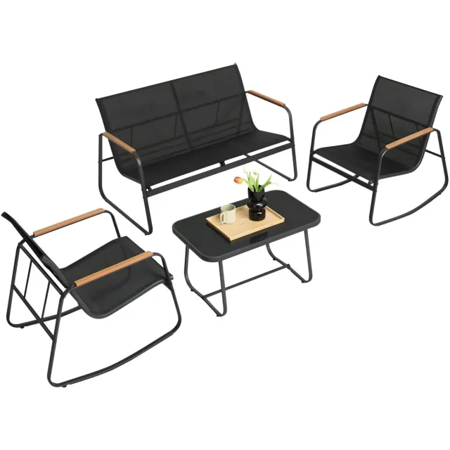 Happiq Tuinmeubelset – Voor tuin & balkon – 2 schommelstoelen met tafel, tuinbank met armleuningen – Ink Black