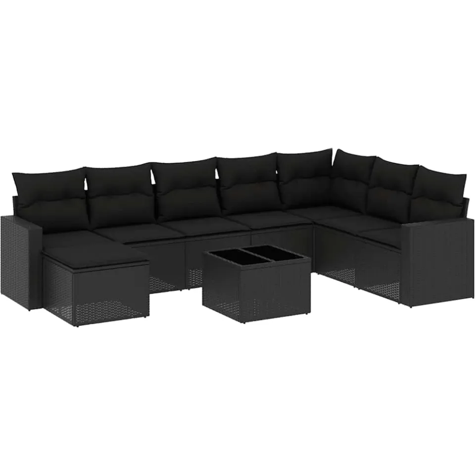 vidaXL 9-delige Loungeset met kussens poly rattan zwart