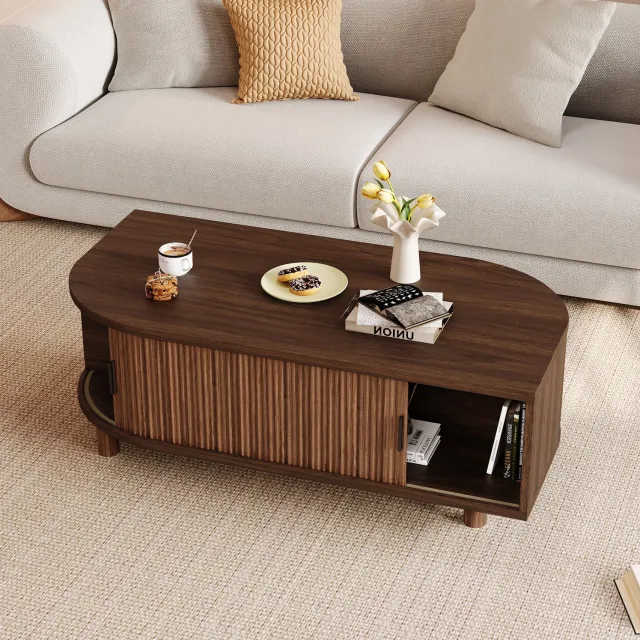 Wishdor Salontafel met 2 schuifdeuren en opbergruimte - Afgeronde hoeken en houten poten - Voor woonkamer en zithoek - MDF en bewerkt hout - Walnootkleur - 100 x 50 x 35 cm