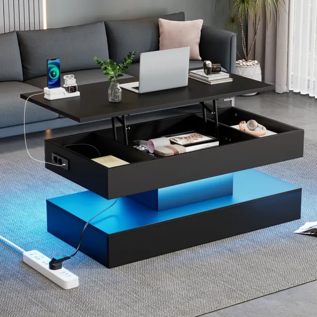 HAUSS SPOLE Salontafel - Verstelbaar Blad Met Led En Verborgen Opbergruimte - Voor Woonkamer En Thuiswerken - Spaanplaat - 100x50x42 Cm - Zwart