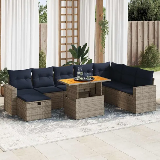 vidaXL 9-delige Loungeset met kussens poly rattan acacia grijs, foto 2