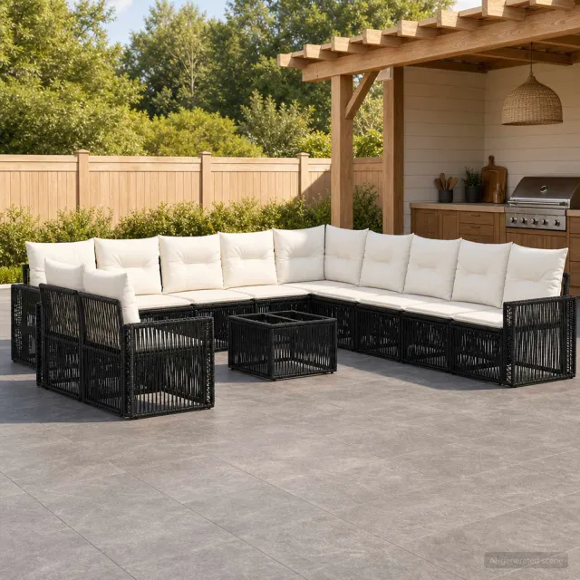 vidaXL Tuinbankenset 12 st 11-zits Zwart en Cream Wit poly rattan