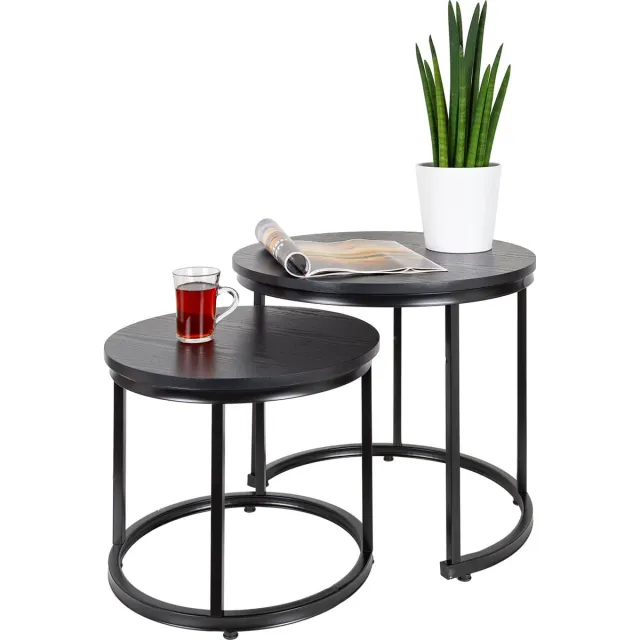 Casamoda Salontafel set van 2 - ø 43/53 cm - Hoogte 36/43 cm - Bijzettafel Rond - Salon tafel Industrieel - Tafelblad Hout - Salontafel Zwart