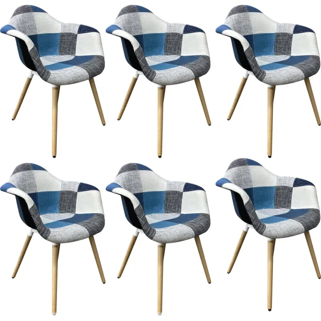 Lina RIA Eetkamerstoelen set van 6 – Keukenstoelen- Blauw-Grijs- Stof Blauw - Wit - Grijs