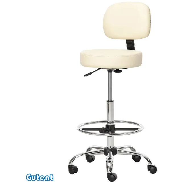 Gutent Barkruk - In hoogte verstelbaar - Op wielen - Kunstleer - 360° draaibaar - Met rugleuning - Beige - 56 x 57 x 104-127 cm