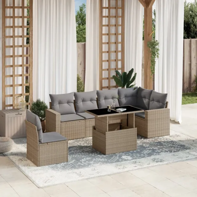 vidaXL 7-delige Loungeset met kussens poly rattan beige, foto 2