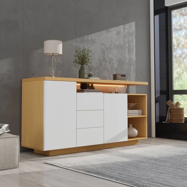 MEUNIQ dressoir 140 x 40 x 70 cm met 2 deuren, 3 lades, 2 open vakken en LED-verlichting, wit en licht eiken, opbergkast voor woonkamer of eetkamer