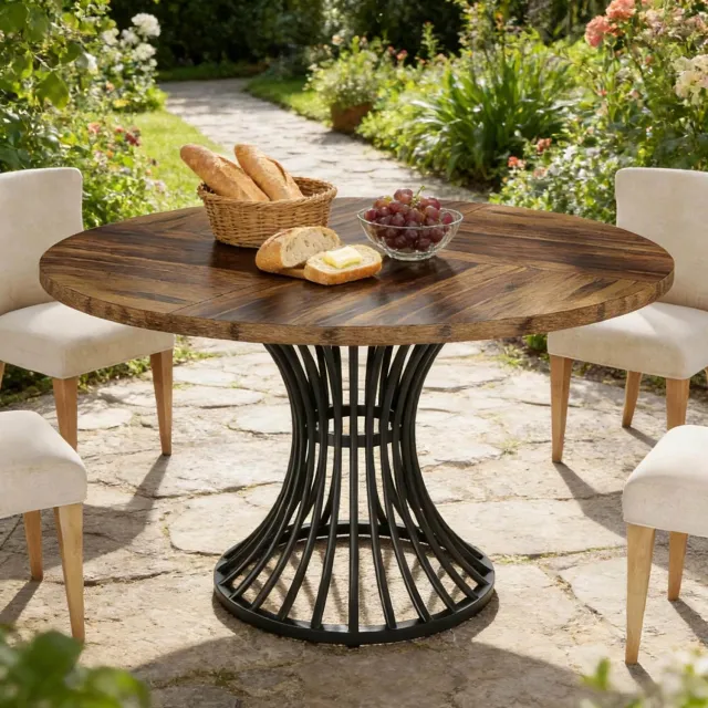 WUVRIE Ronde eettafel Ø 119 cm - MDF blad en metalen onderstel - Zwart/rustiek bruin