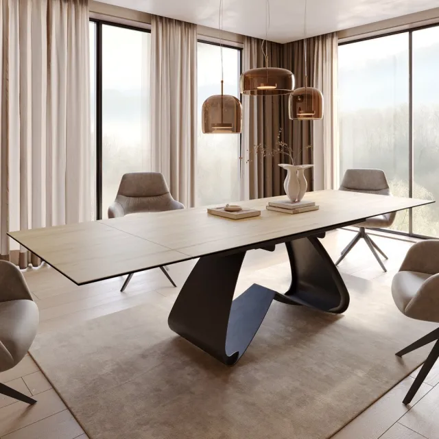 DELIFE Eetkamertafel Edge keramiek Laminam® Sabbia eiken kleur 200-300x100 W-frame zwart uitschuifbaar Eichefarbig
