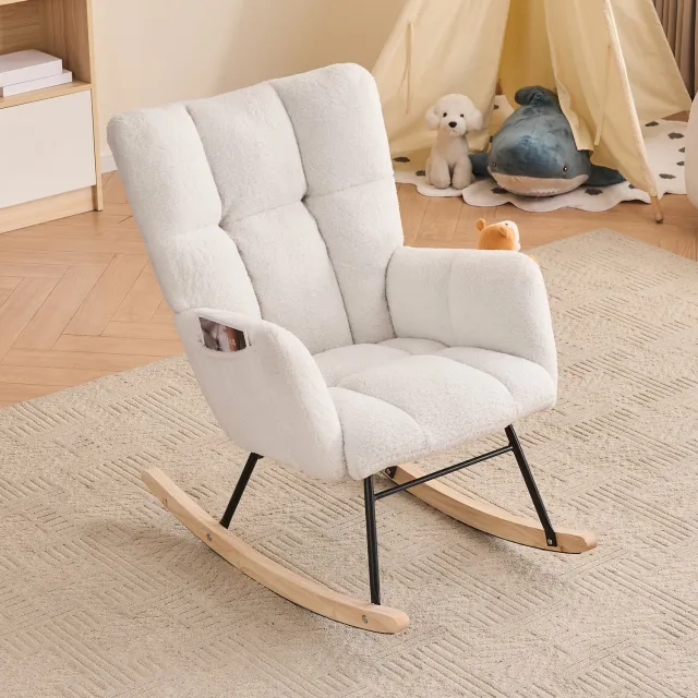 DESMIU Schommelstoel - Fauteuil Met Armleuningen - Zachte Teddy Stof - Gecapitonneerd - Voor Woonkamer, Slaapkamer En Werkkamer - Wit