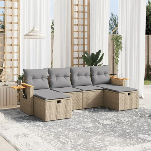 vidaXL 6-delige Loungeset met kussens poly rattan gemengd beige, foto 2