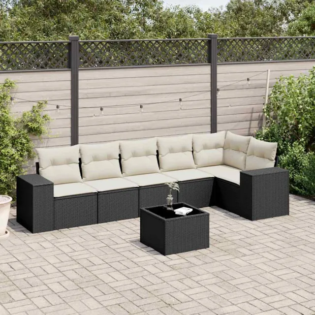 vidaXL 7-delige Loungeset met kussens poly rattan zwart, foto 2