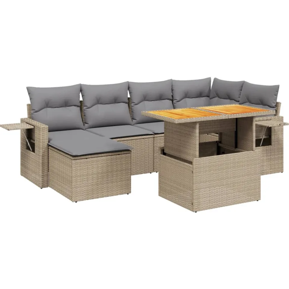 vidaXL 7-delige Loungeset met kussens poly rattan beige