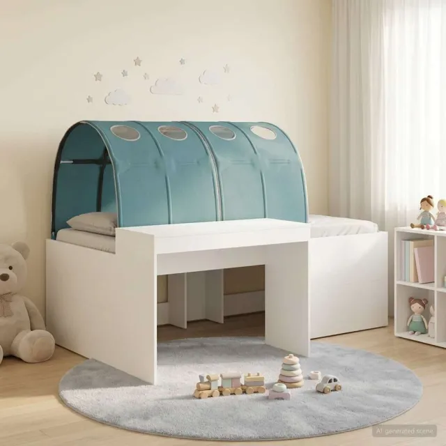 vidaXL Hoge Bed Frame met Bureau voor Kinderen 3 st Wit en Lichtblauw