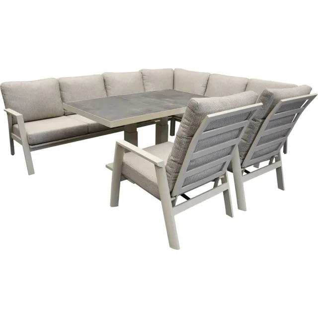 AVH-Collectie Barolo hoek dining loungeset 6 delig aluminium verstelbare tafel latte