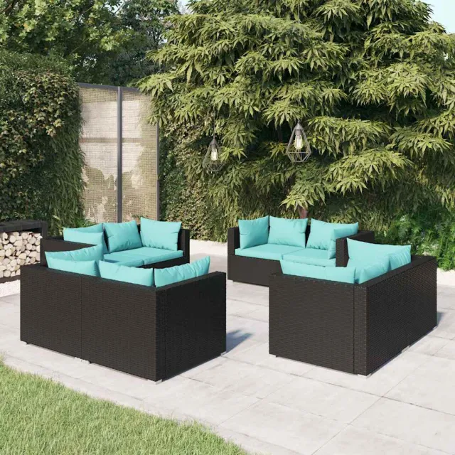 vidaXL 9-delige Loungeset met kussens poly rattan zwart, foto 2