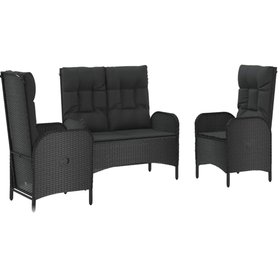vidaXL 3-delige Tuinset met kussens poly rattan zwart