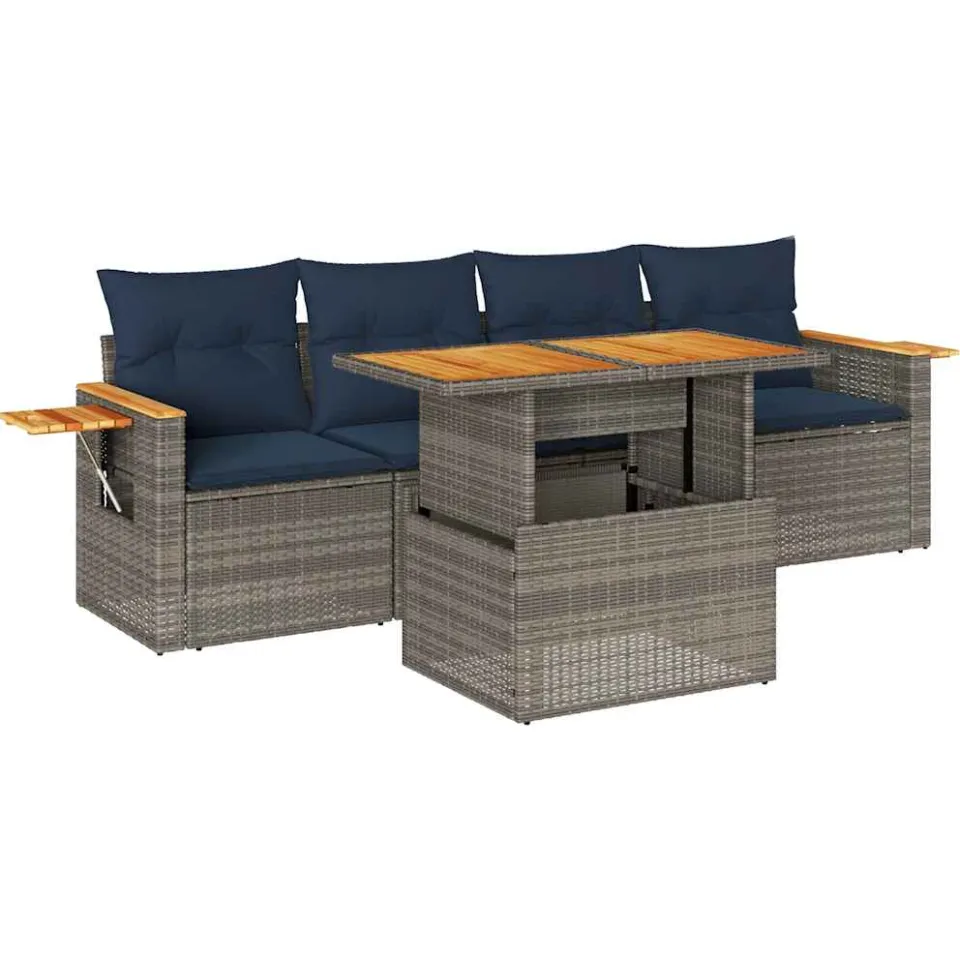 vidaXL 5-delige Loungeset met kussens poly rattan grijs, foto 3