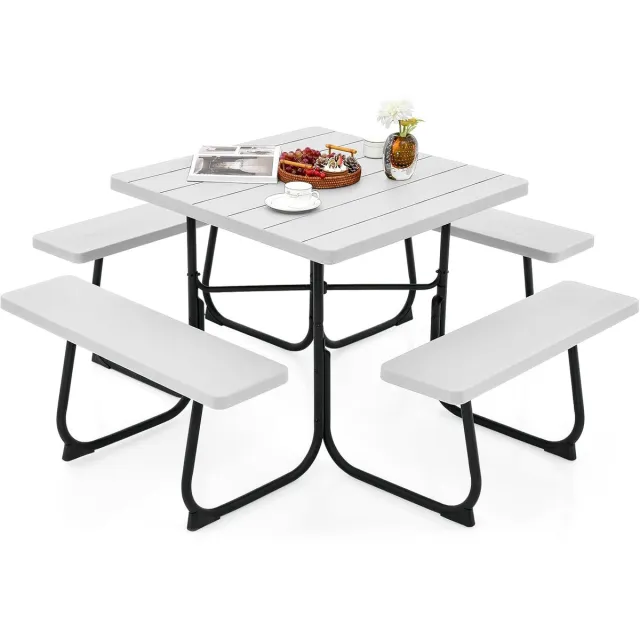 Costway Zitgarnituur voor 8 personen, picknicktafel met parasolgat en 4 banken, vierkante tuintafel, tuingarnituur, tuinmeubelen, zitgroep voor tuin, terras (Wit)