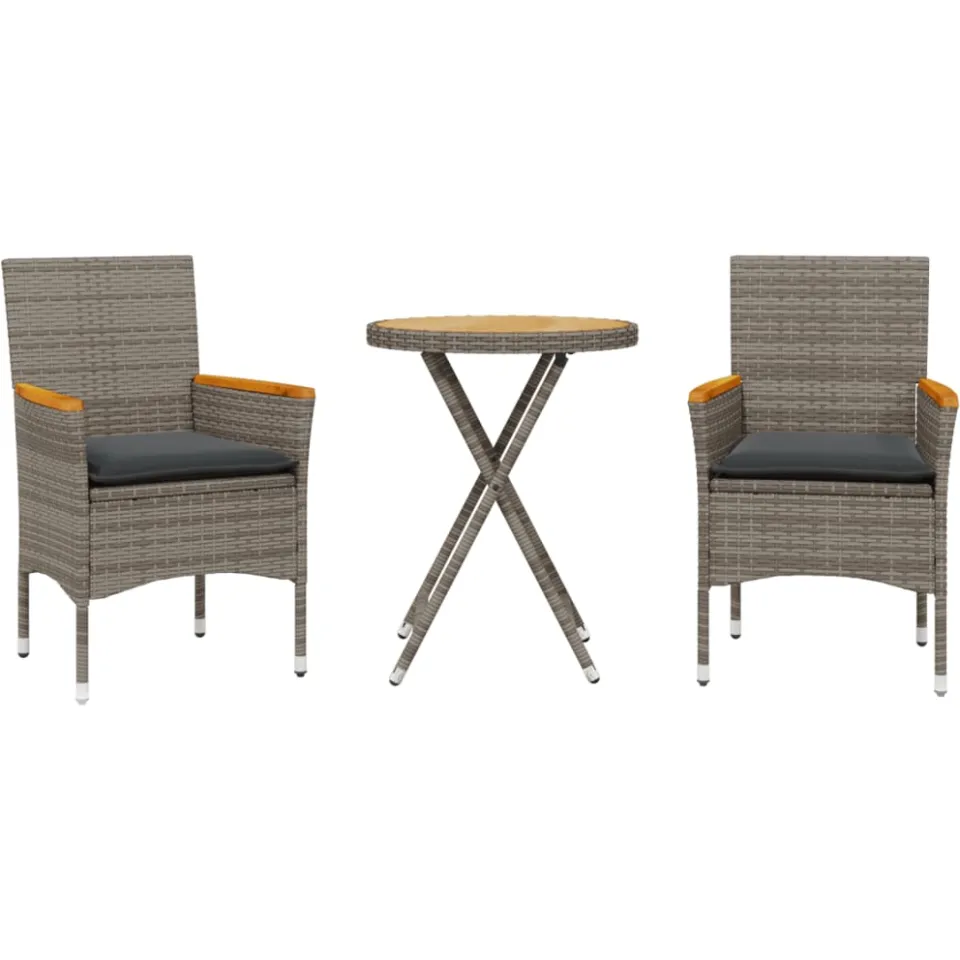 vidaXL 3-delige Bistroset met kussens poly rattan en acaciahout grijs, foto 3
