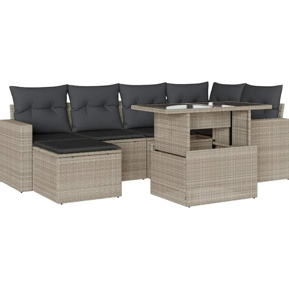 vidaXL 7-delige Loungeset met kussens poly rattan lichtgrijs grijs, foto 4
