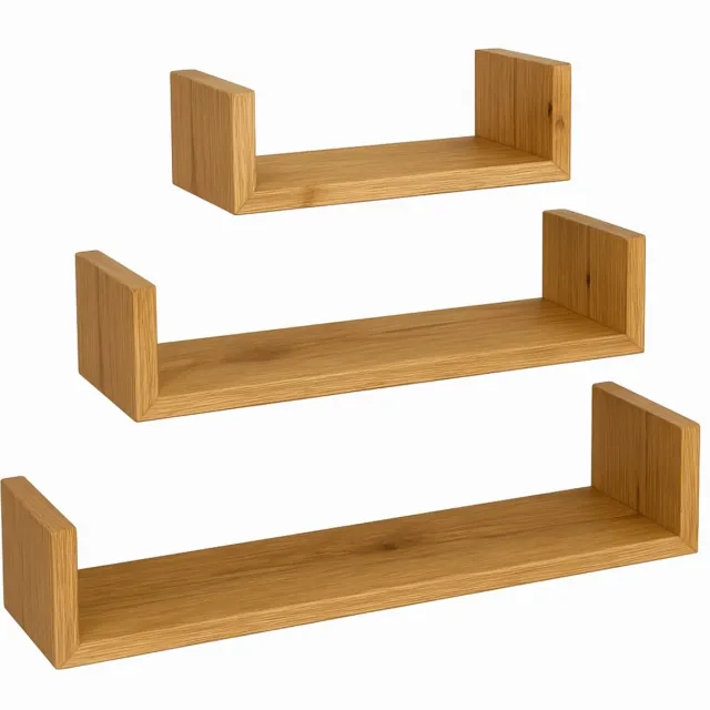 BEGRYF Set van 3 Wandplanken - Elzenkleur - U-vorm - 30/45/60x15x10 cm - Decoratief en Praktisch - Houtlook Design