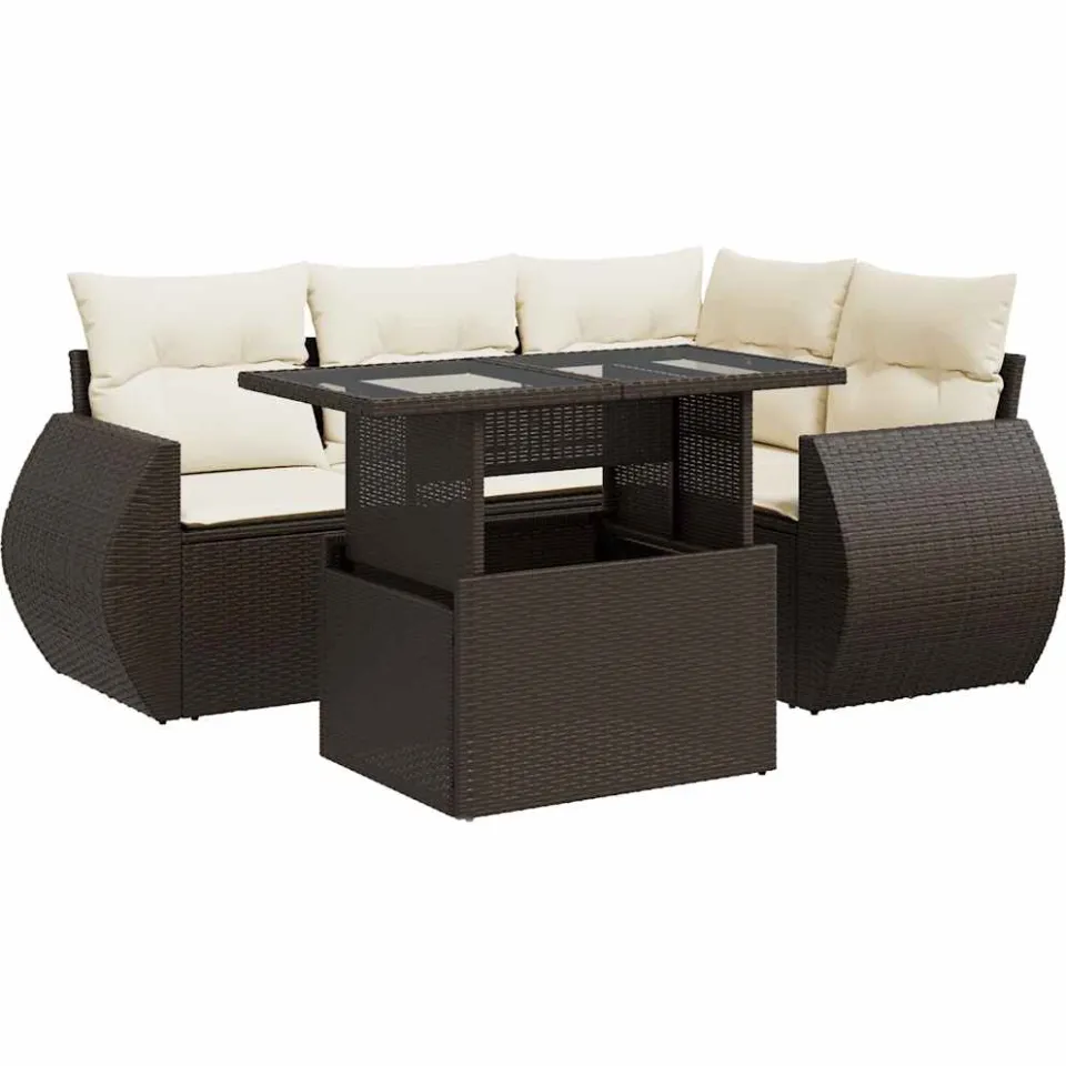 vidaXL 5-delige Loungeset met kussens poly rattan bruin