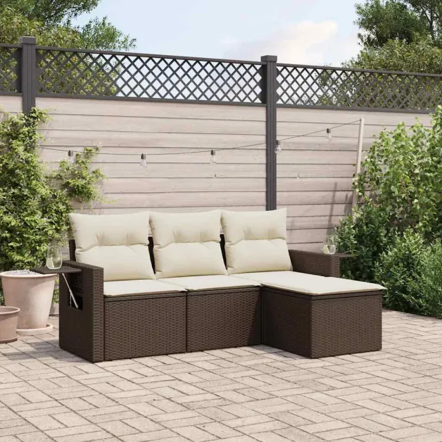 vidaXL 4-delige Loungeset met kussens poly rattan bruin, foto 2