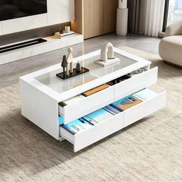 MODENUIT Salontafel - 4 Lades Met LED En Gehard Glas - Woonkamer - Spaanplaat - Wit - 100x50x40 Cm