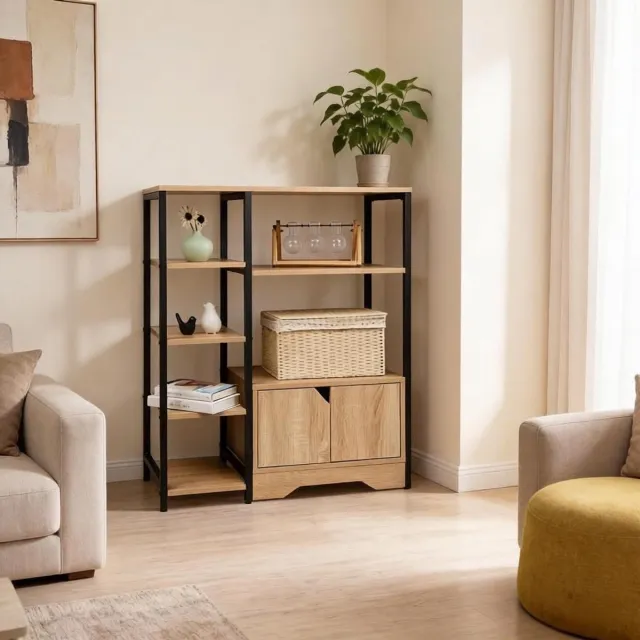 MIVRAY Boekenkast – 2-in-1 Opbergontwerp – 80x35x97 cm – Hout – Licht Eiken – Open En Gesloten Opbergruimte Voor Woonkamer En Werkkamer