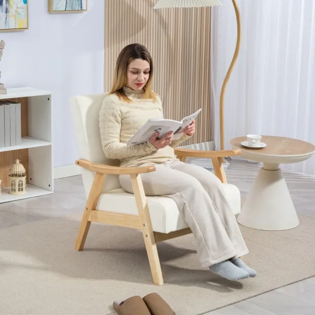 DESMIU Fauteuil 65 x 80 x 83 cm - Met Armleuningen en Dik Zitkussen - Voor Woonkamer en Slaapkamer - Polyester en Hout - Crèmewit