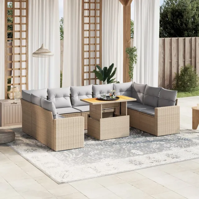 vidaXL 10-delige Loungeset met kussens poly rattan beige, foto 2