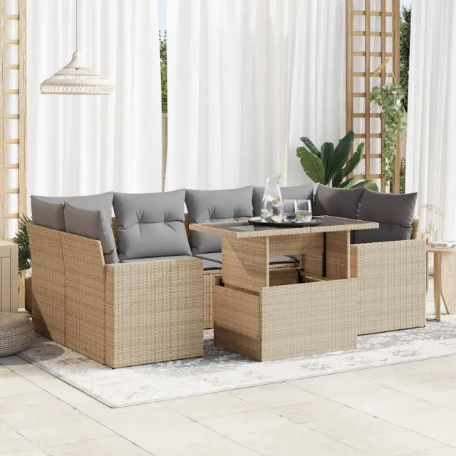 vidaXL 7-delige Loungeset met kussens poly rattan beige, foto 2