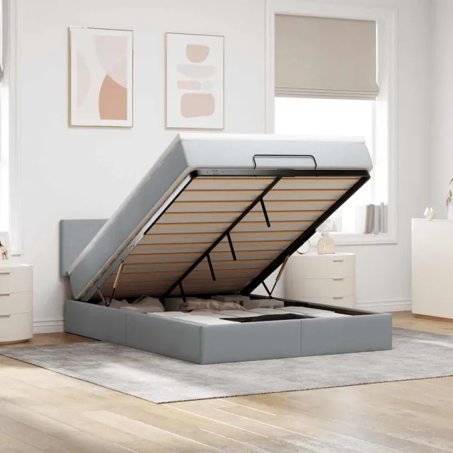vidaXL Ottoman bed met matras en LED's 140x200cm stof lichtgrijs grijs