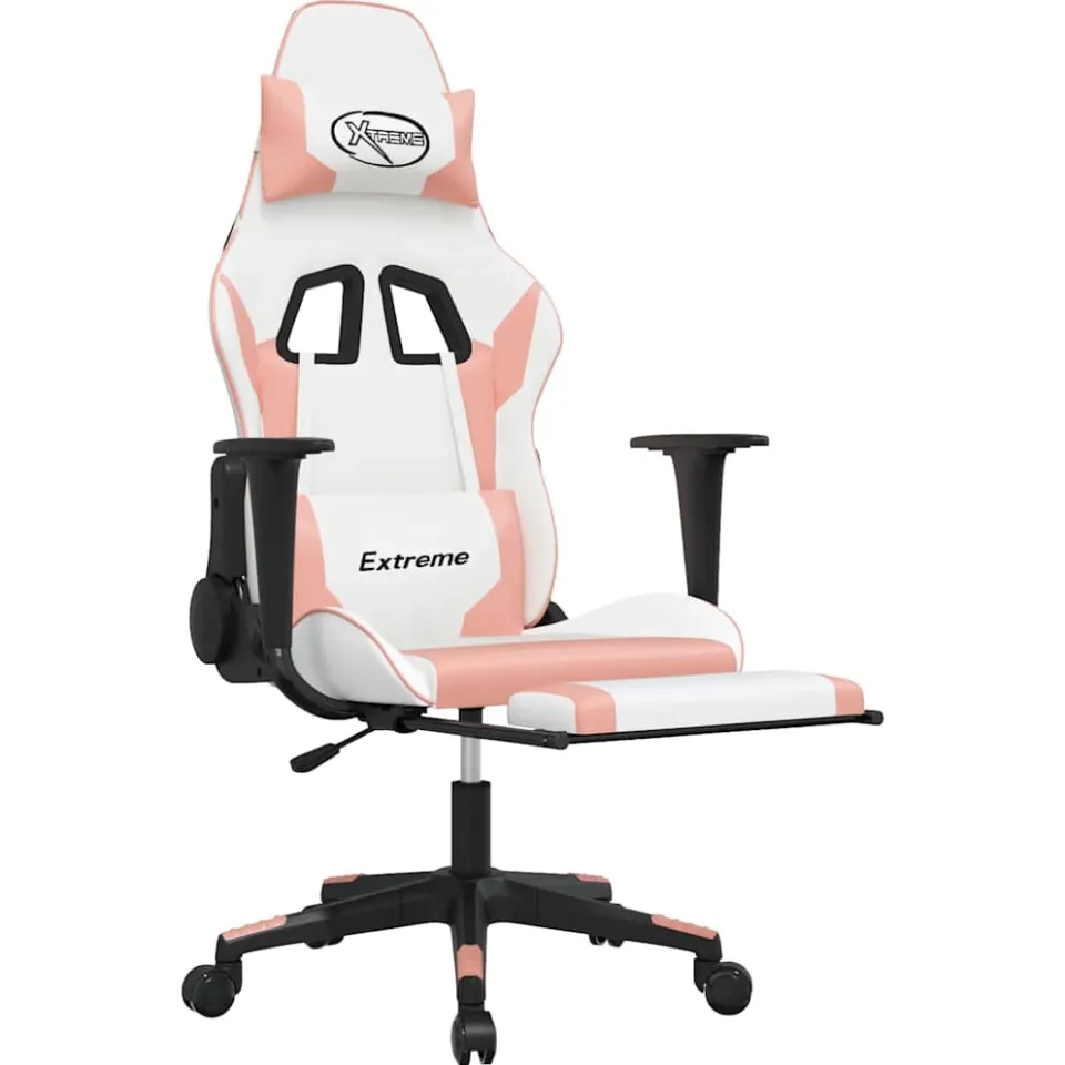 vidaXL Massage gamestoel met voetensteun kunstleer wit en roze