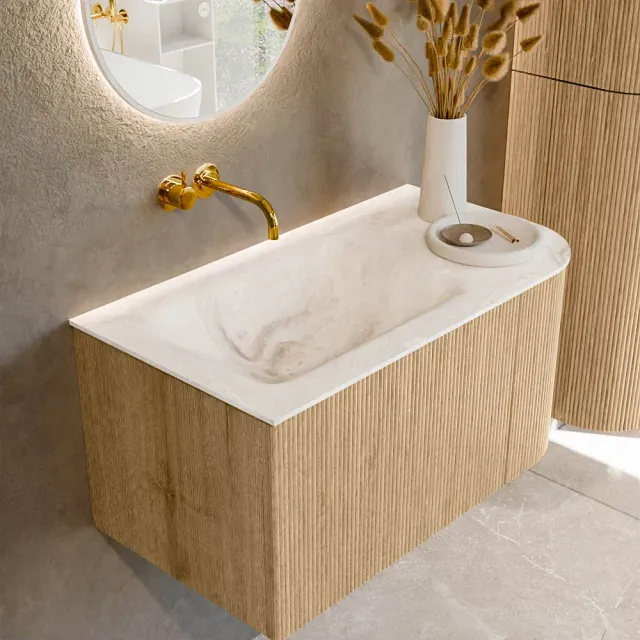 Mondiaz KURVE-DLUX 85 cm Onderkast Greeploos 1 Lade Met Deuren Oak, Wastafel Solid Surface Links Frappe 0 Kraangaten Zonder Spiegel (KRVCLO85R1L1D0KL-Oak/Fra)