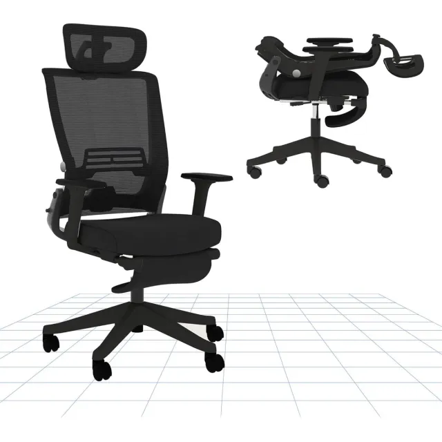 whiqutey Opvouwbare Ergonomische Kantoostoel met Voetensteun – Netstof Bureau Stoel met Verstelbare Lendensteun, Hoofdsteun & Mesh Rugleuning voor Thuis of Kantoor zwart