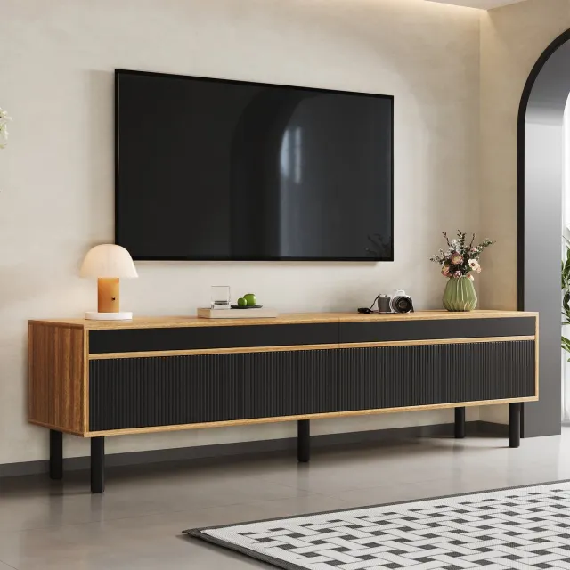 DESMIU Tv Meubel - 4 Deuren Met Drukopeningssysteem En Ruime Opbergruimte - Voor Woonkamer - Spaanplaat En Mdf - 170x38x47,7 Cm - Zwart Natuurlijk