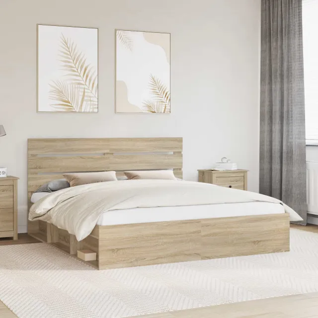 vidaXL Bedframe met hoofdeinde Sonoma 200 x 200 cm Massief grenenhout Bruin