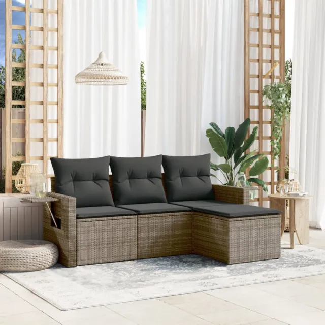 vidaXL 4-delige Loungeset met kussens poly rattan grijs, foto 2