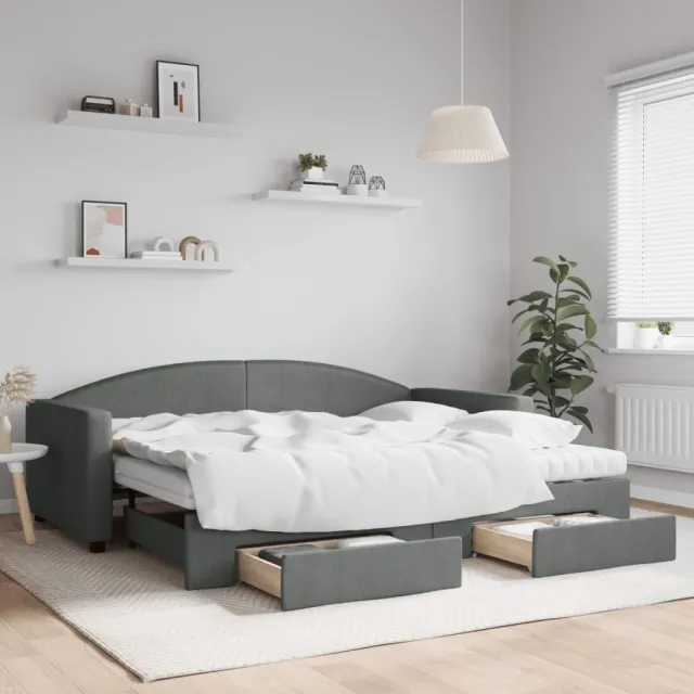 vidaXL Slaapbank onderschuifbed en lades 90x200 cm stof donkergrijs