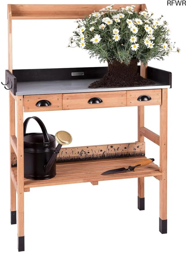 RFWR Plantentafel van Kersenhout met 3 Laden en Weerbestendig Zinkplaat voor Binnen en Buiten Zwartbruin