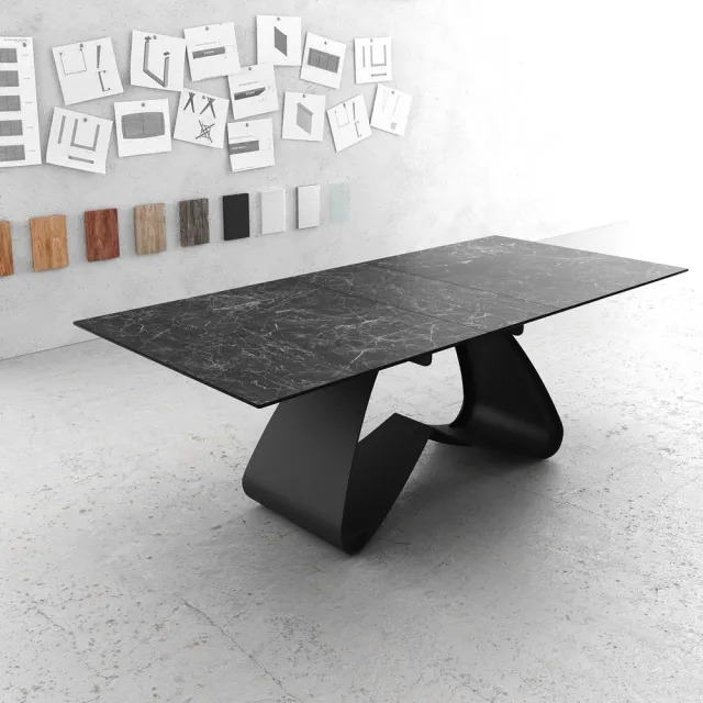 DELIFE Eetkamertafel Edge keramiek Laminam®Nero Greco grijs 180-220x100 W-frame zwart uitschuifbaar Nero Greco Anthrazit