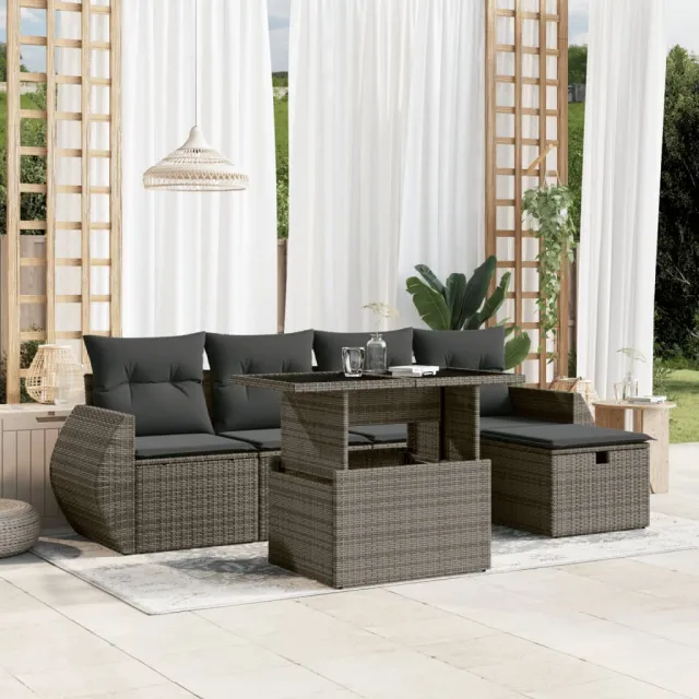 vidaXL 6-delige Loungeset met kussens poly rattan grijs, foto 2
