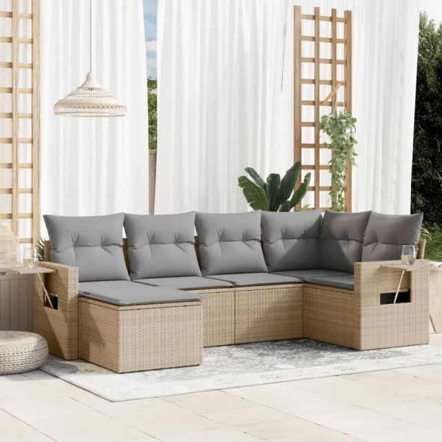 vidaXL 6-delige Loungeset met kussens poly rattan beige, foto 2